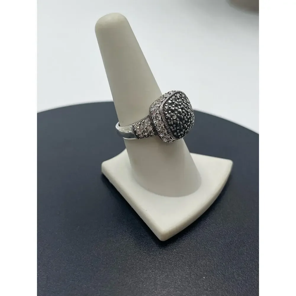 Sterling Silver Signed Ring Marcasite Crystal Cocktail Ring Vintage Style Size 8